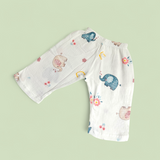 ELEPHANT PRINT HALF SLEEVES BUTTON-UP MUSLIN NIGHTSUIT - WHITE