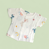 ELEPHANT PRINT HALF SLEEVES BUTTON-UP MUSLIN NIGHTSUIT - WHITE