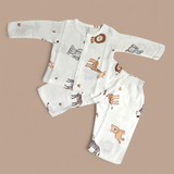 ANIMALS PRINT BUTTON-UP MUSLIN NIGHTSUIT - WHITE
