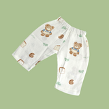 TEDDY BEAR PRINT BUTTON-UP MUSLIN NIGHTSUIT - WHITE