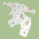 TEDDY BEAR PRINT BUTTON-UP MUSLIN NIGHTSUIT - WHITE