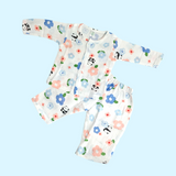 PANDA & FLOWER PRINT BUTTON-UP MUSLIN NIGHTSUIT - WHITE
