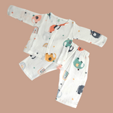 ELEPHANT PRINT BUTTON-UP MUSLIN NIGHTSUIT - WHITE