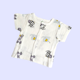 GIRAFFE PRINT HALF SLEEVES BUTTON-UP MUSLIN NIGHTSUIT - WHITE