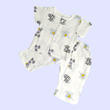 GIRAFFE PRINT HALF SLEEVES BUTTON-UP MUSLIN NIGHTSUIT - WHITE