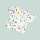 SPACE THEME HALF SLEEVES BUTTON-UP MUSLIN NIGHTSUIT - WHITE