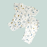 SPACE THEME HALF SLEEVES BUTTON-UP MUSLIN NIGHTSUIT - WHITE