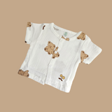 TEDDY BEAR PRINT HALF SLEEVES BUTTON-UP MUSLIN NIGHTSUIT - WHITE