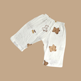 TEDDY BEAR PRINT HALF SLEEVES BUTTON-UP MUSLIN NIGHTSUIT - WHITE
