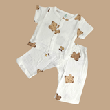 TEDDY BEAR PRINT HALF SLEEVES BUTTON-UP MUSLIN NIGHTSUIT - WHITE
