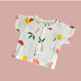 FLAMINGO & FRUIT HALF SLEEVES BUTTON-UP MUSLIN NIGHTSUIT - WHITE
