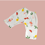 FLAMINGO & FRUIT HALF SLEEVES BUTTON-UP MUSLIN NIGHTSUIT - WHITE