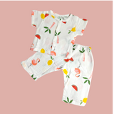 FLAMINGO & FRUIT HALF SLEEVES BUTTON-UP MUSLIN NIGHTSUIT - WHITE