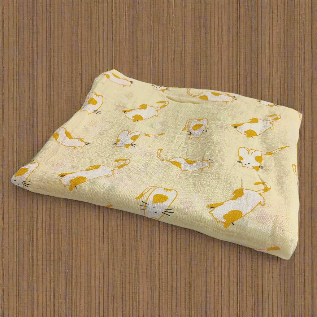 CAT PRINT MUSLIN SWADDLE - YELLOW