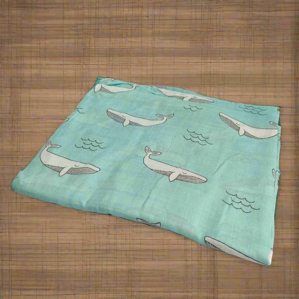 WHALE PRINT MUSLIN SWADDLE - BLUE