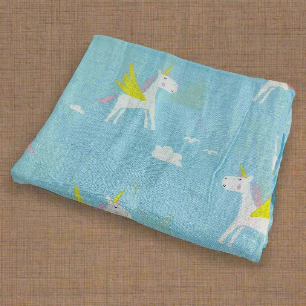 FLYING UNICORN PRINT MUSLIN SWADDLE - BLUE