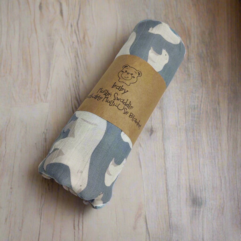 POLAR BEAR PRINT MUSLIN SWADDLE - GREY