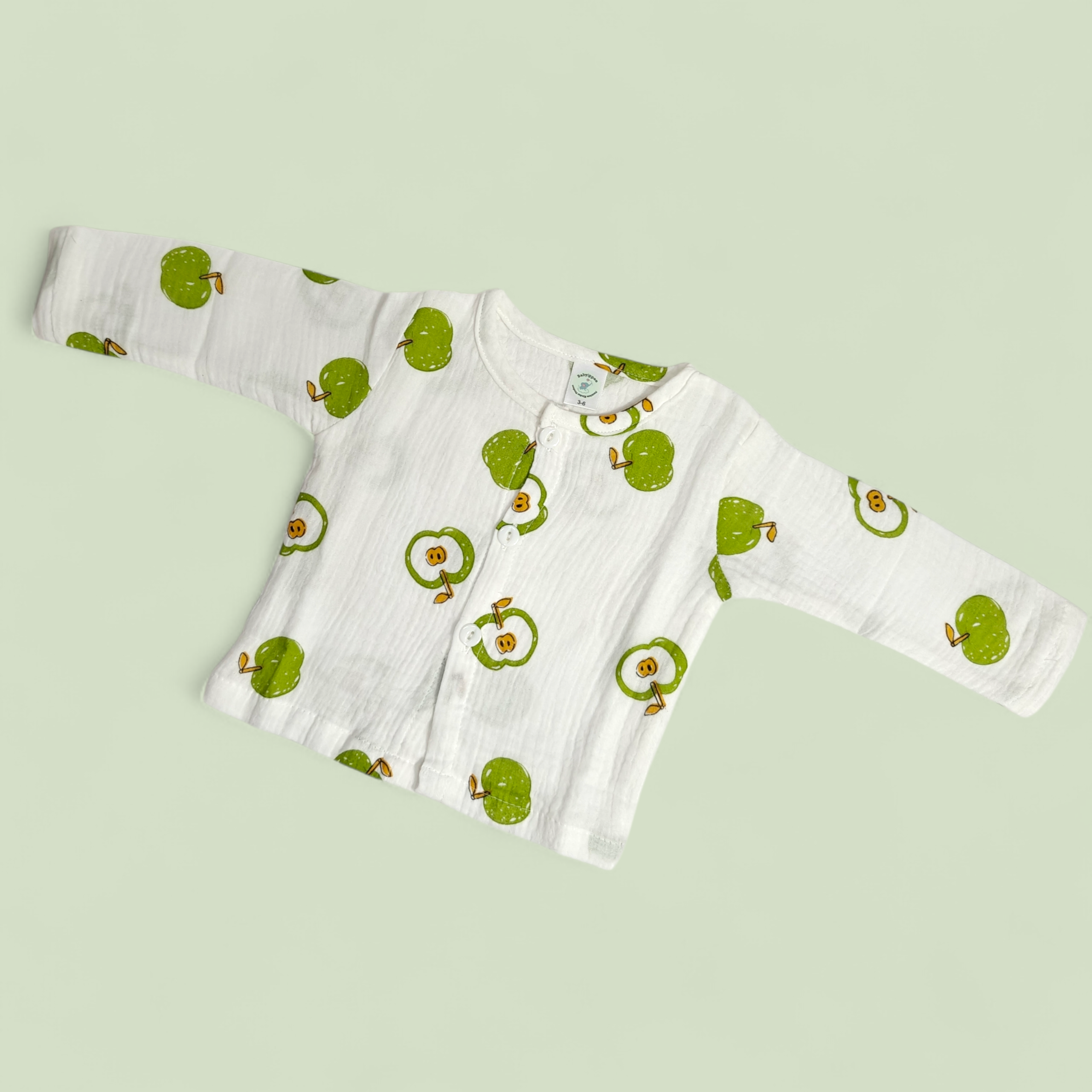 GREEN APPLE PRINT BUTTON-UP MUSLIN NIGHTSUIT - WHITE