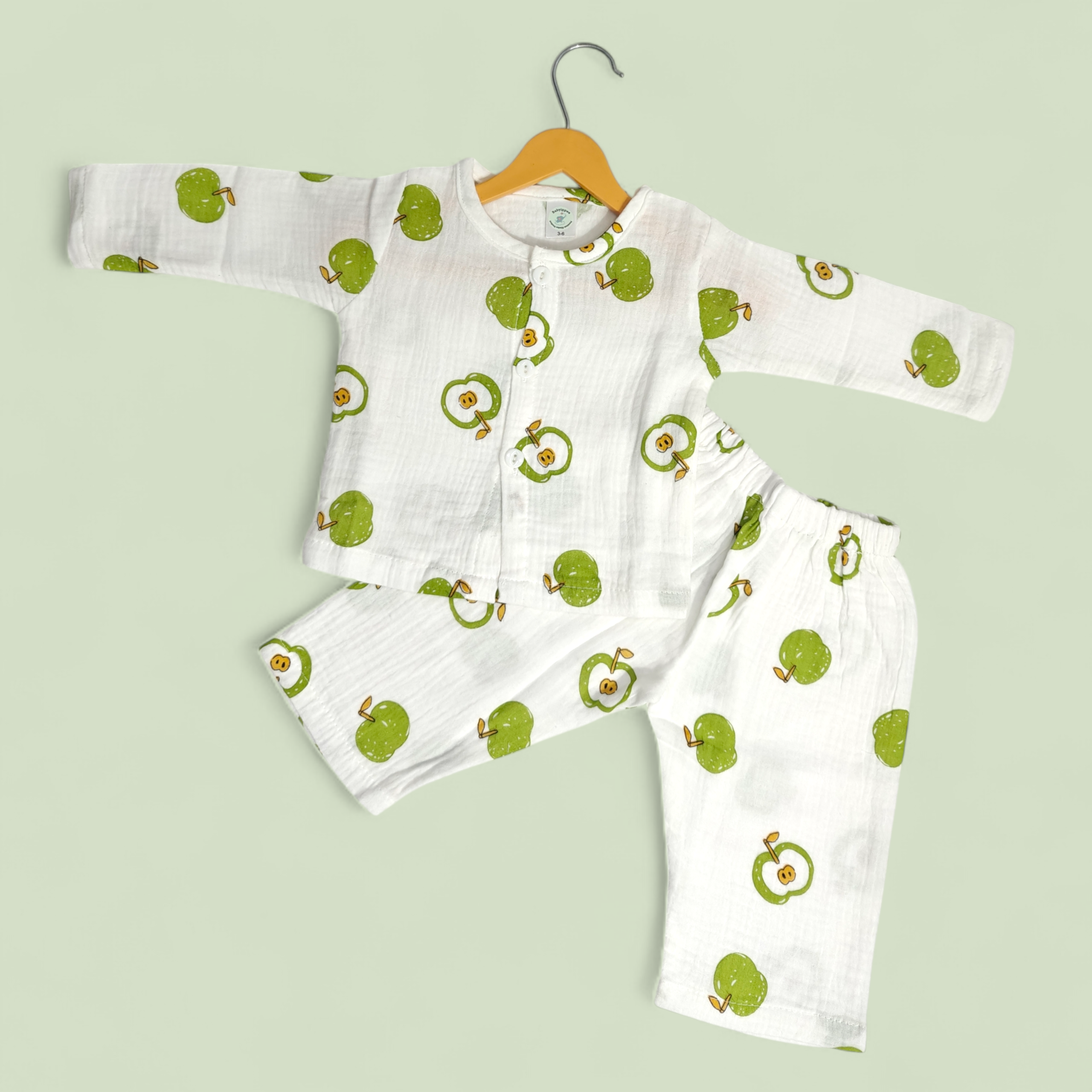 GREEN APPLE PRINT BUTTON-UP MUSLIN NIGHTSUIT - WHITE