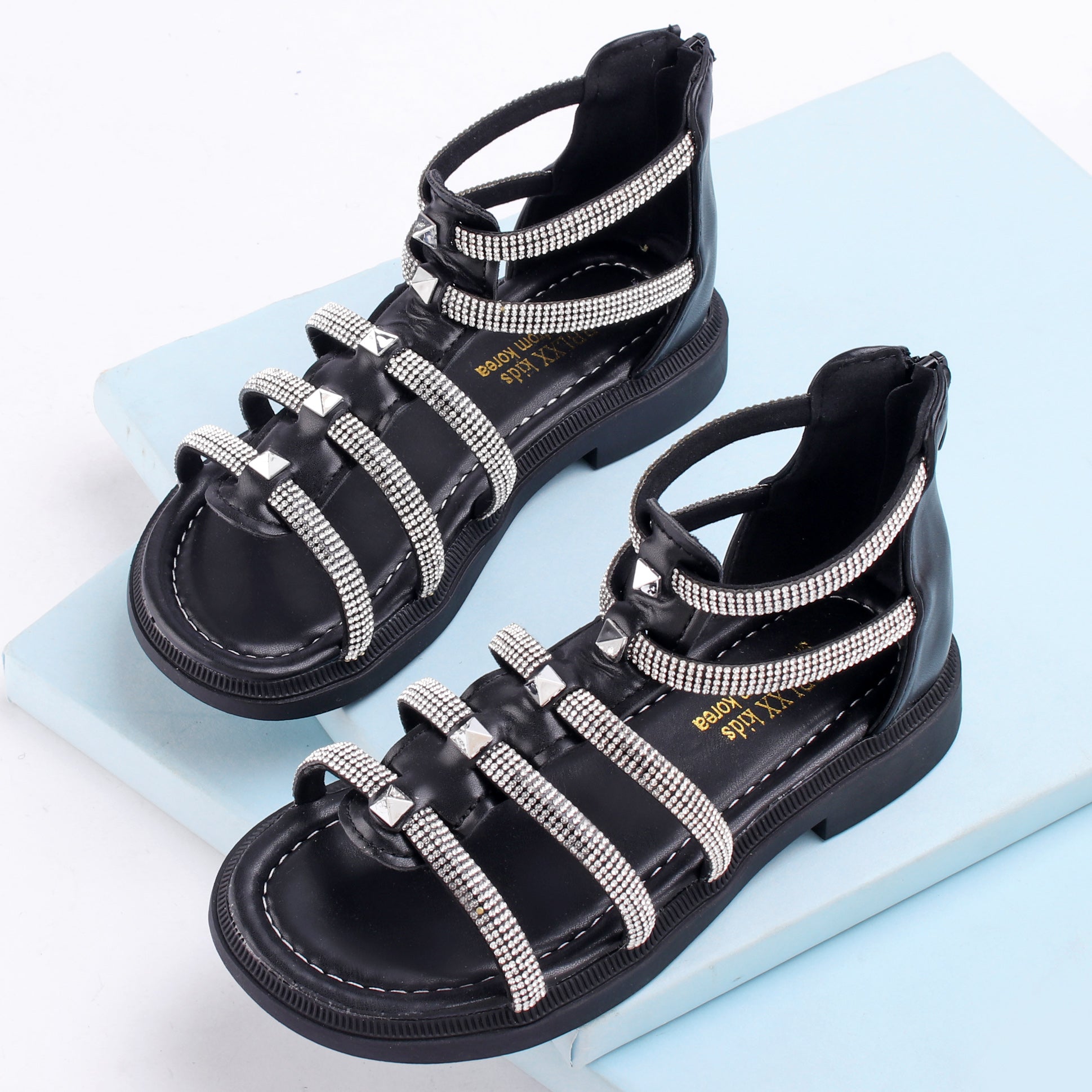 GLADIATOR BEADED ZIP-UP SANDAL - BLACK