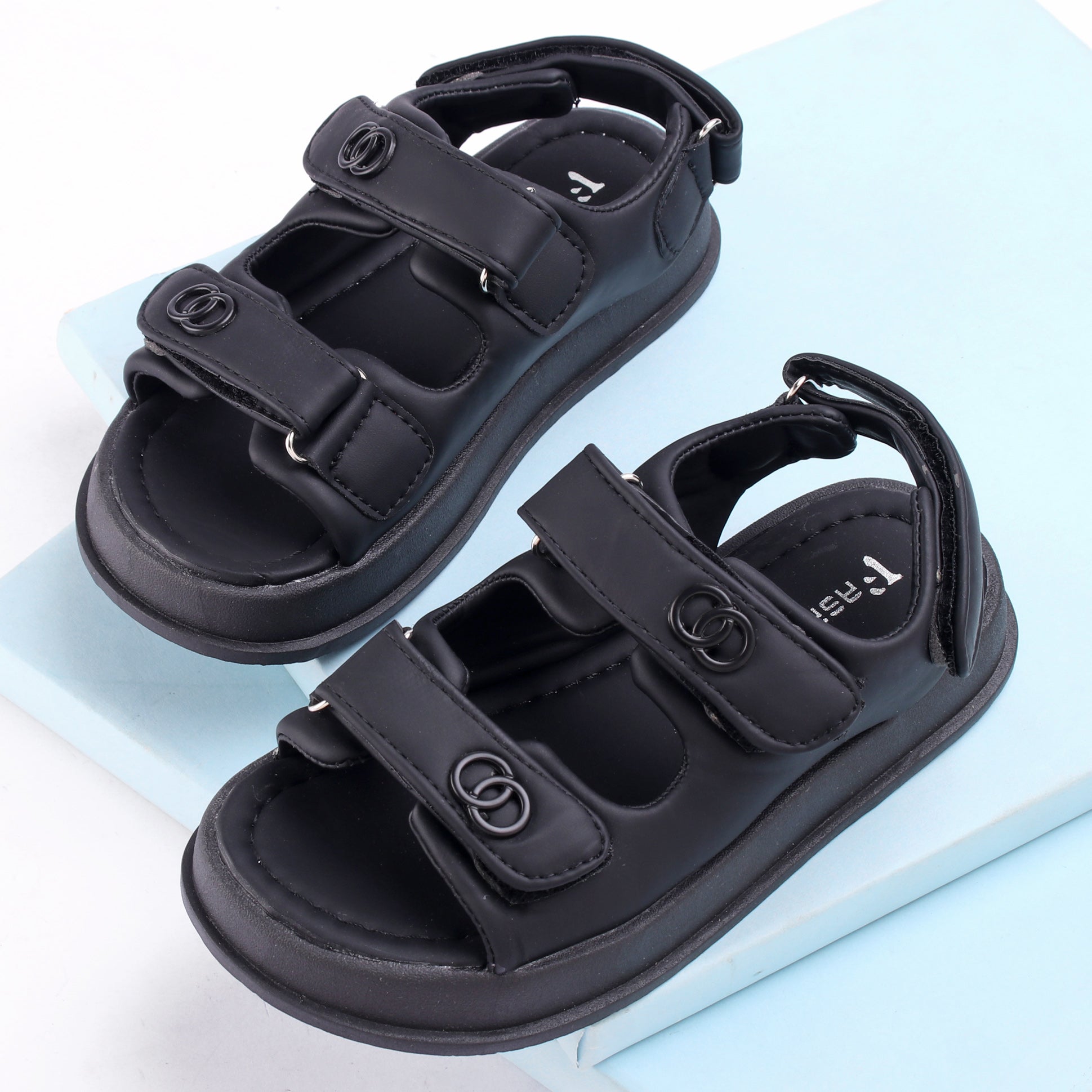 SOLID METAL PATCH VELCRO CLOSURE SANDALS - BLACK