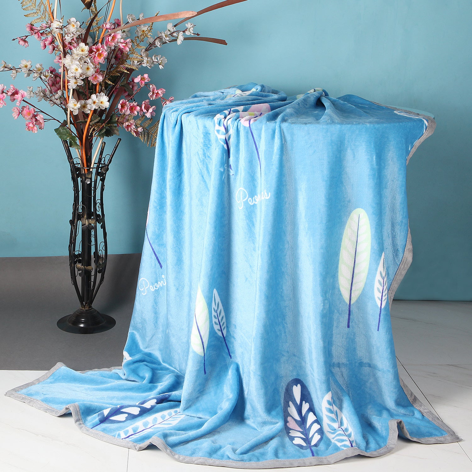 LEAF PRINTED SINGLE BED BLANKET - BLUE