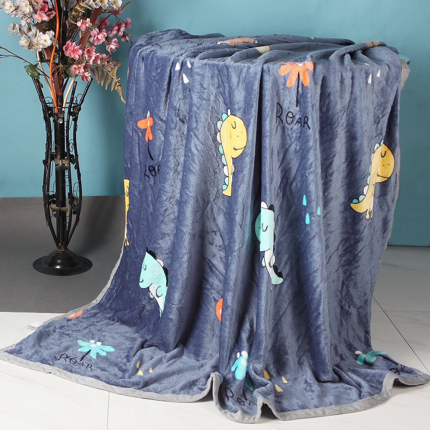 LITTLE DINO PRINTED SINGLE BAD BLANKET - DARK BLUE