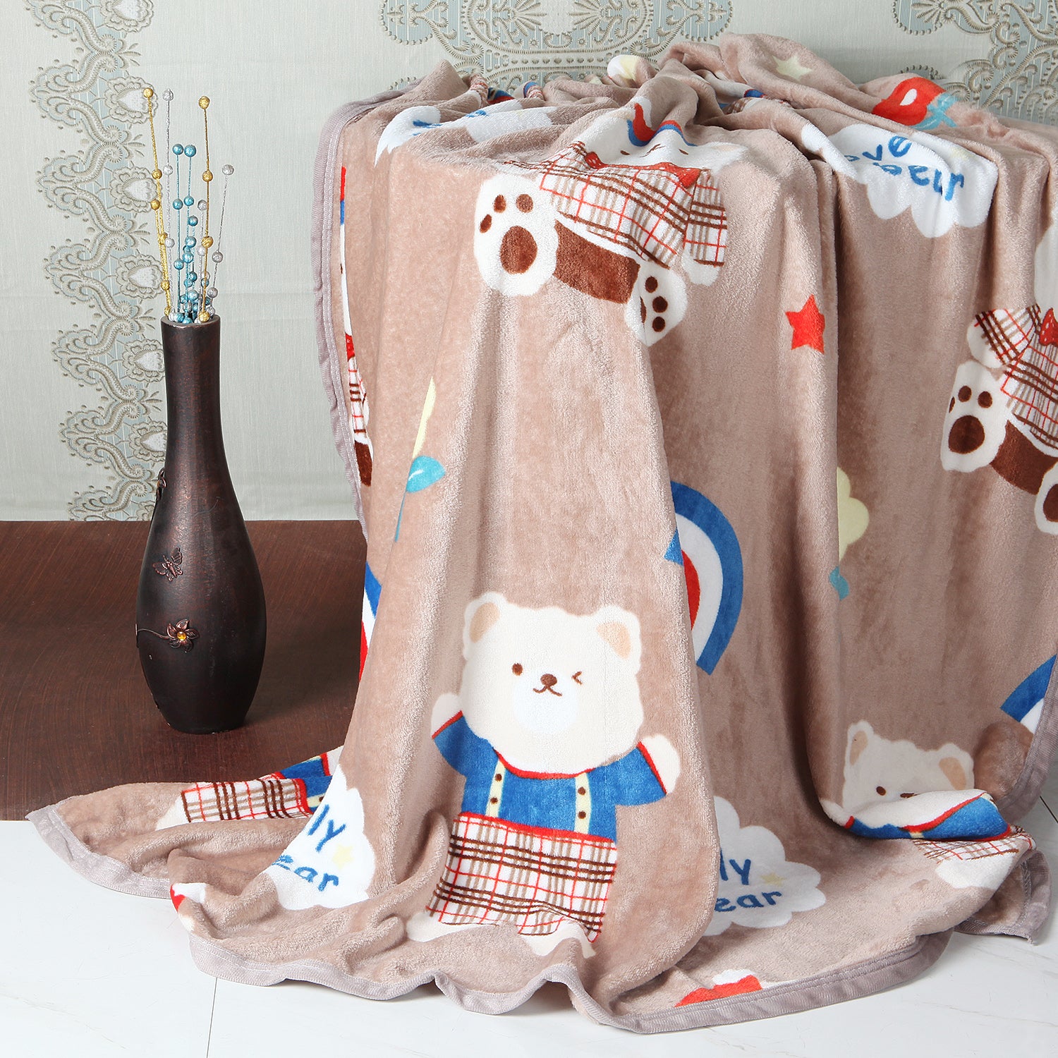 LOVELY BEAR PRINT SINGLE BED BLANKET - BROWN