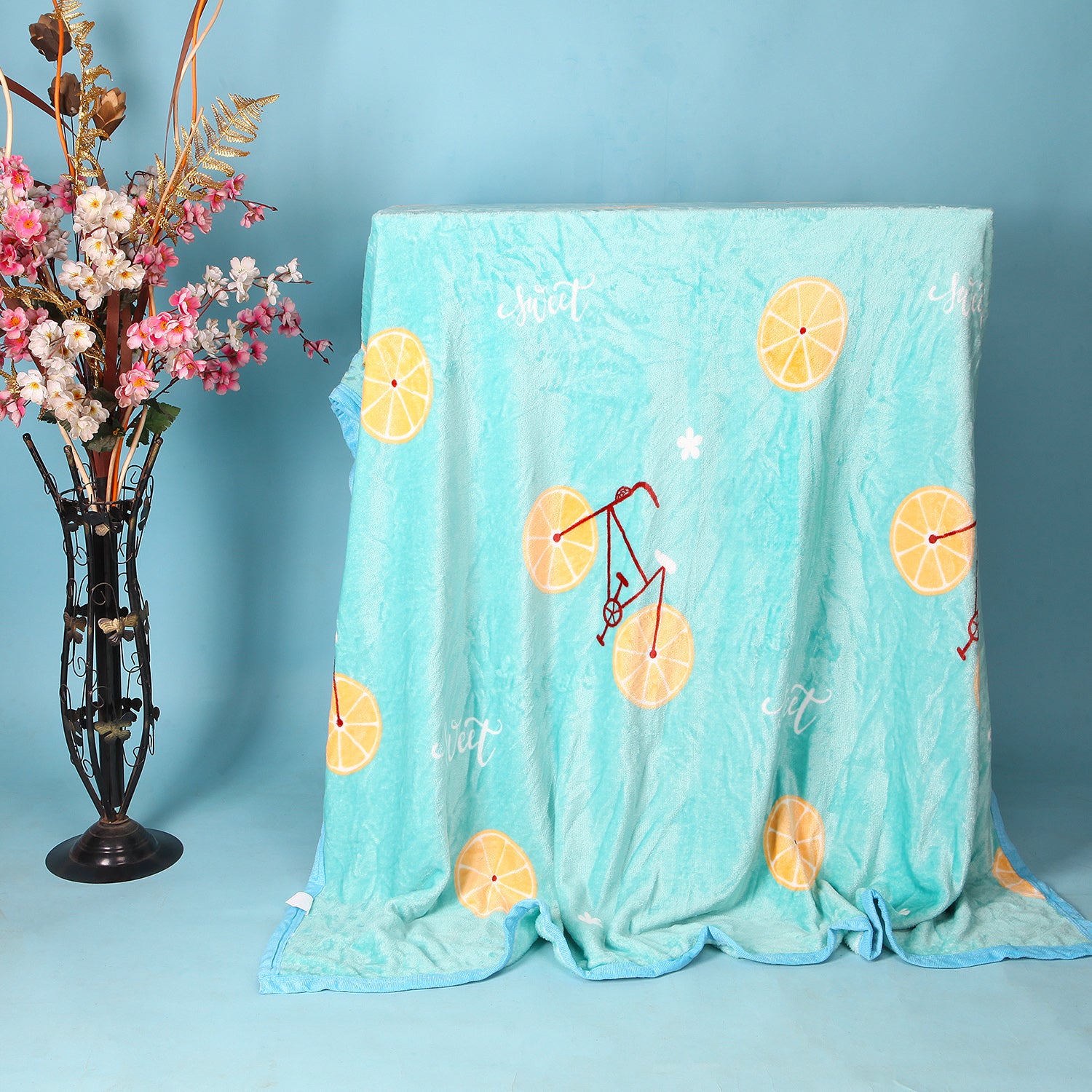 LEMON CYCLE PRINTED SINGLE BED BLANKET - SEA GREEN