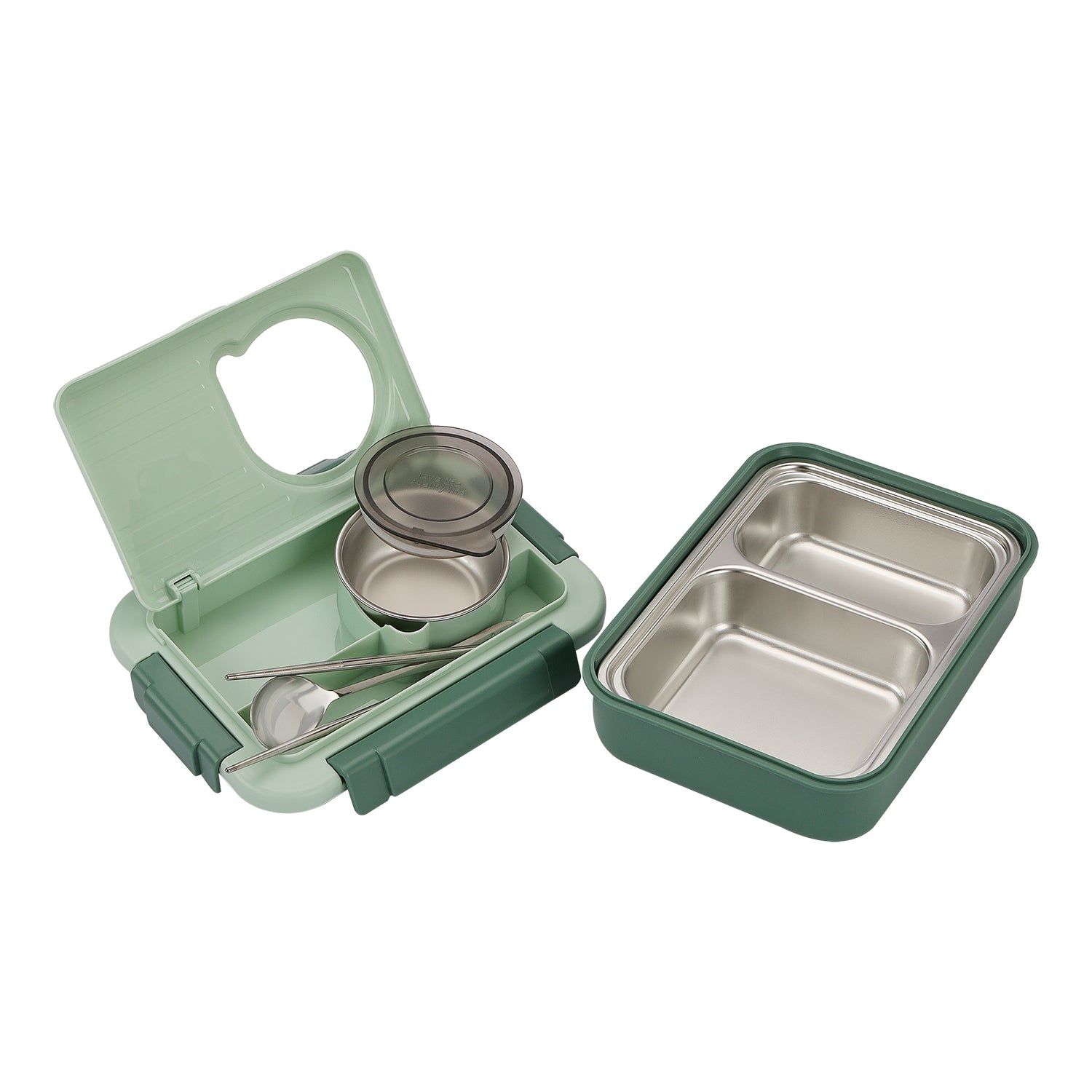 TRIPLE COMPARTMENT LUNCH BOX WITH STEEL SPOON & CHOP-STICKS - GREEN