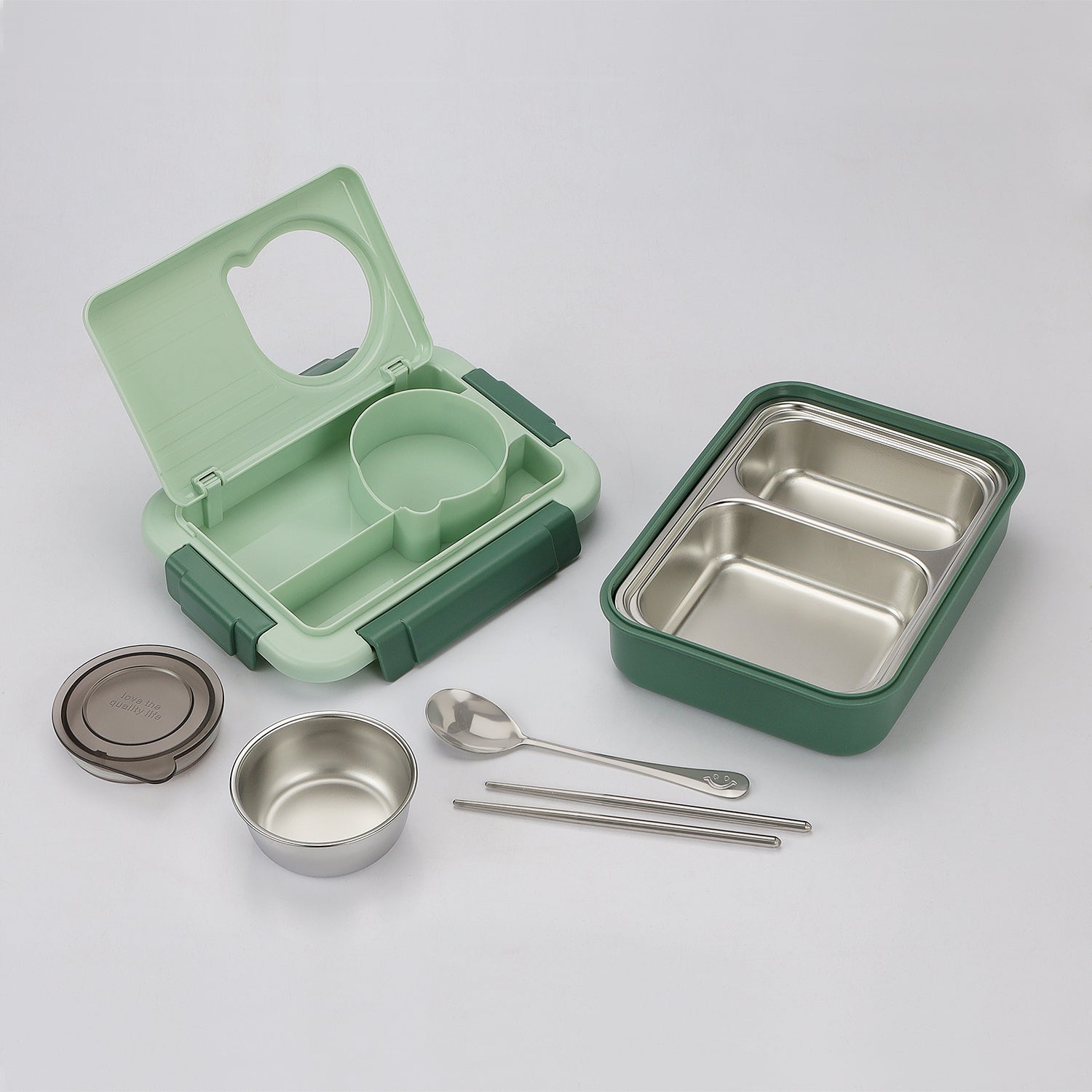 TRIPLE COMPARTMENT LUNCH BOX WITH STEEL SPOON & CHOP-STICKS - GREEN