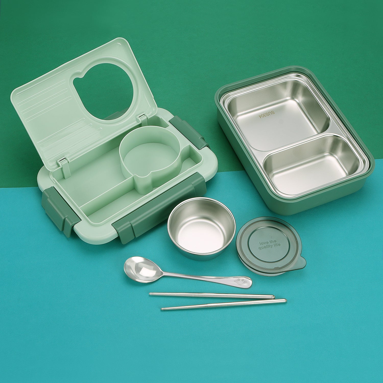 TRIPLE COMPARTMENT LUNCH BOX WITH STEEL SPOON & CHOP-STICKS - GREEN