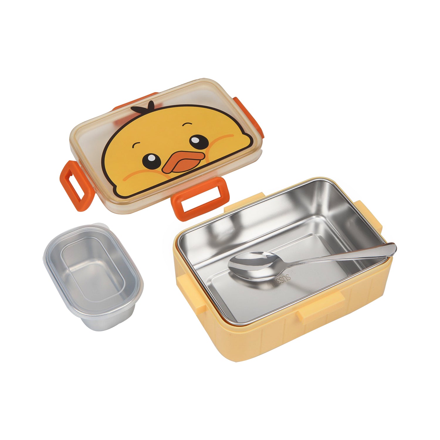 DUCK PRINT LUNCH BOX WITH SEPARATE COMPARTMENT & SPOON - YELLOW