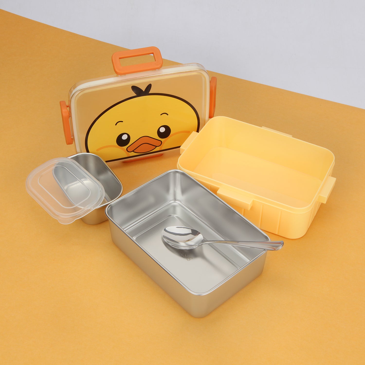 DUCK PRINT LUNCH BOX WITH SEPARATE COMPARTMENT & SPOON - YELLOW