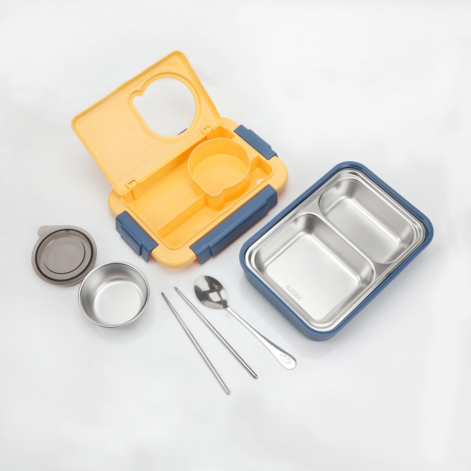 TRIPLE COMPARTMENT LUNCH BOX WITH STEEL SPOON & CHOP-STICKS - BLUE