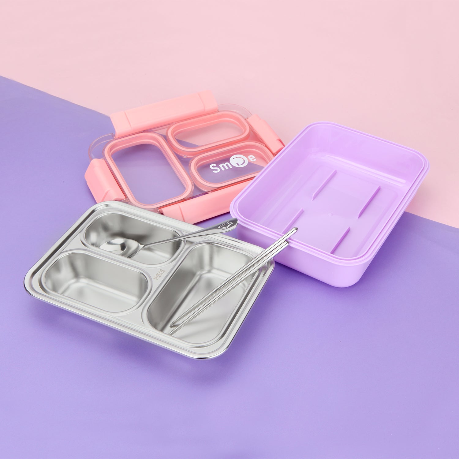 TRIPLE COMPARTMENT LUNCH BOX - PINK & PURPLE