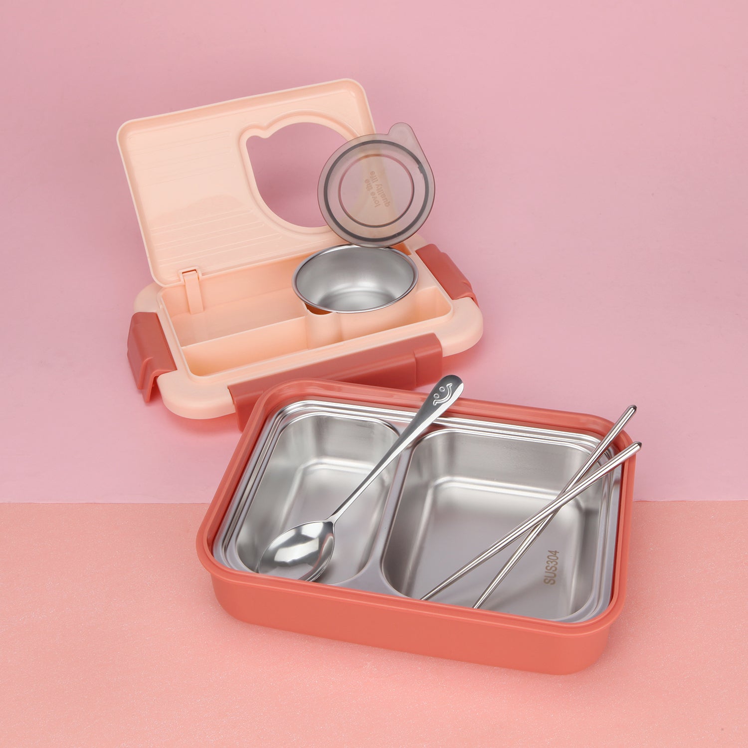 TRIPLE COMPARTMENT LUNCH BOX WITH STEEL SPOON & CHOP-STICKS - RED