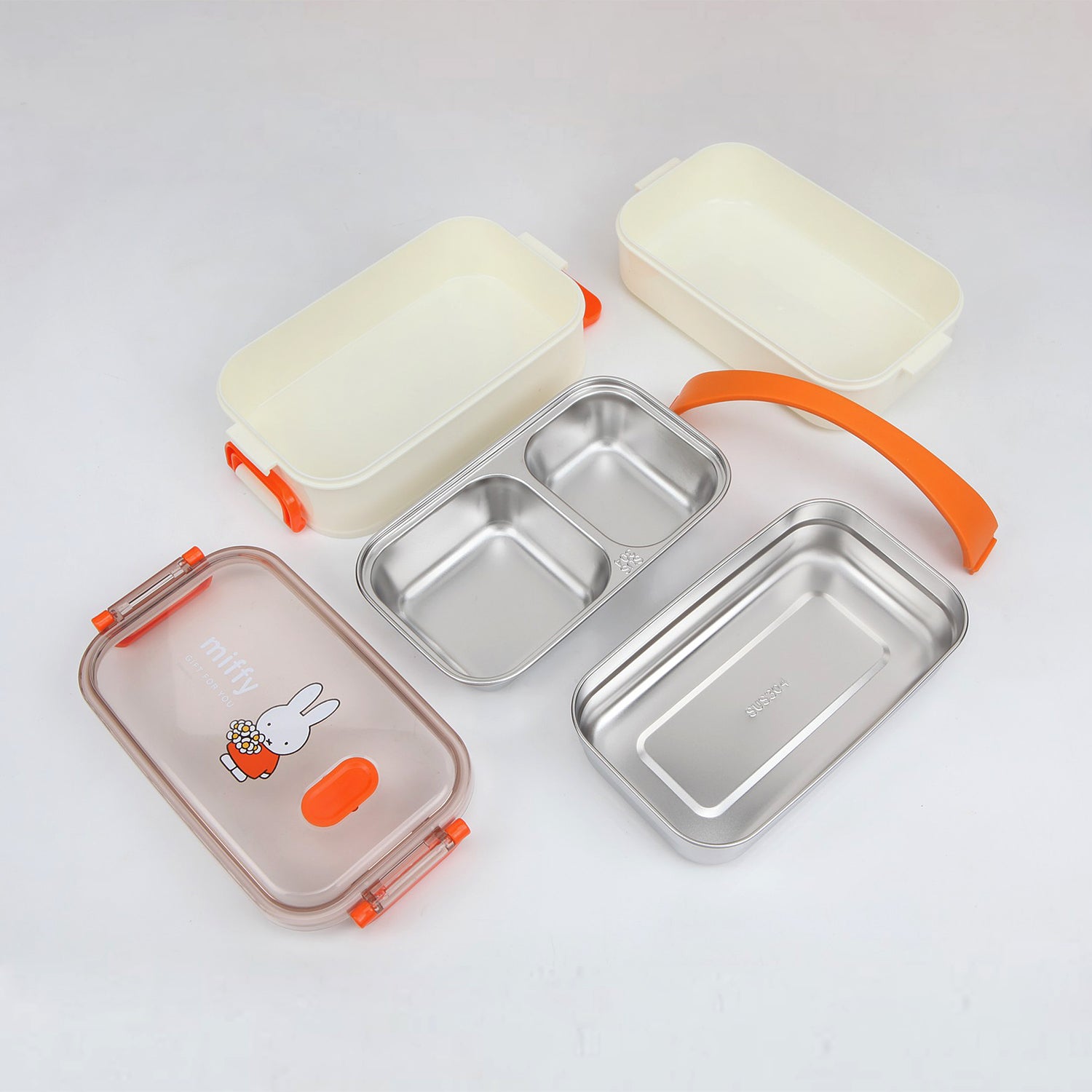 DOUBLE CONTAINER BUNNY RABBIT PRINT LUNCH BOX - ORANGE