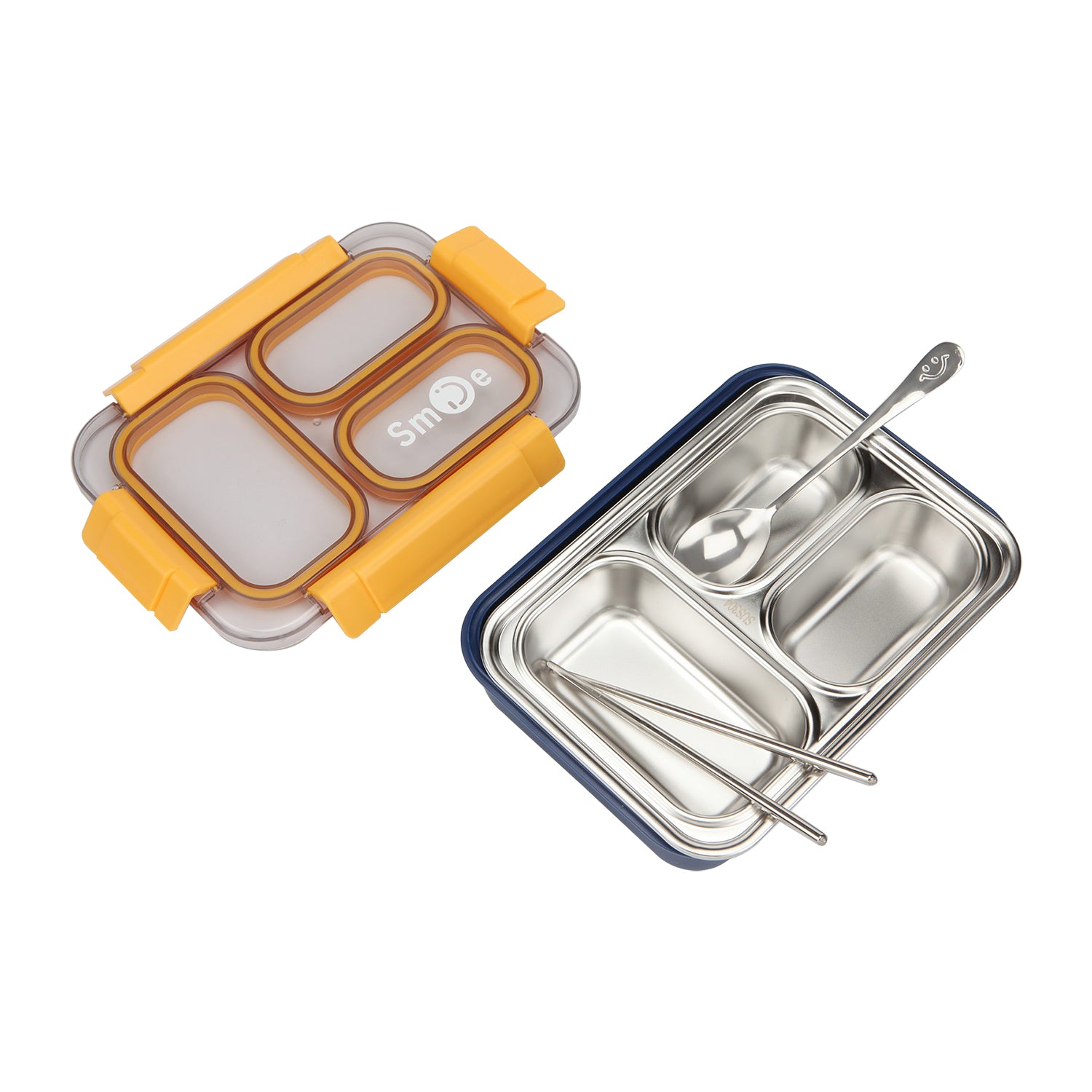 TRIPLE COMPARTMENT LUNCH BOX - YELLOW & DARK BLUE