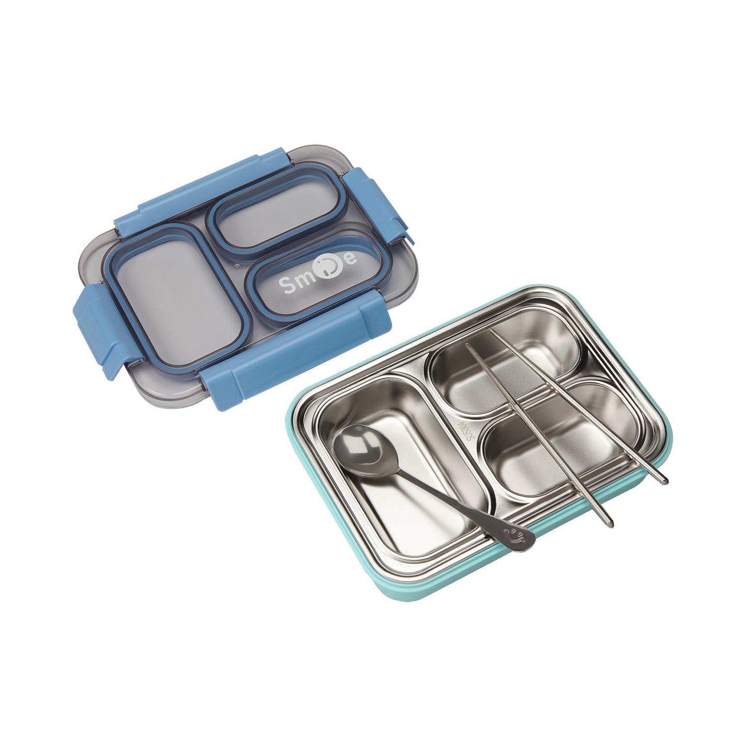 TRIPLE COMPARTMENT LUNCH BOX - BLUE & LIGHT GREEN