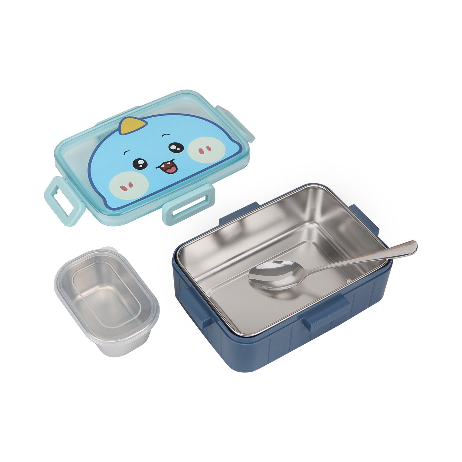 DUCK PRINT LUNCH BOX WITH SEPARATE COMPARTMENT & SPOON - BLUE