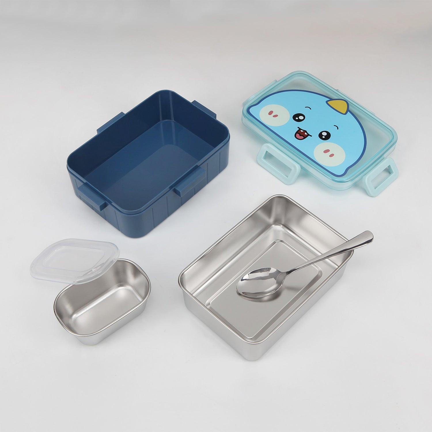 DUCK PRINT LUNCH BOX WITH SEPARATE COMPARTMENT & SPOON - BLUE