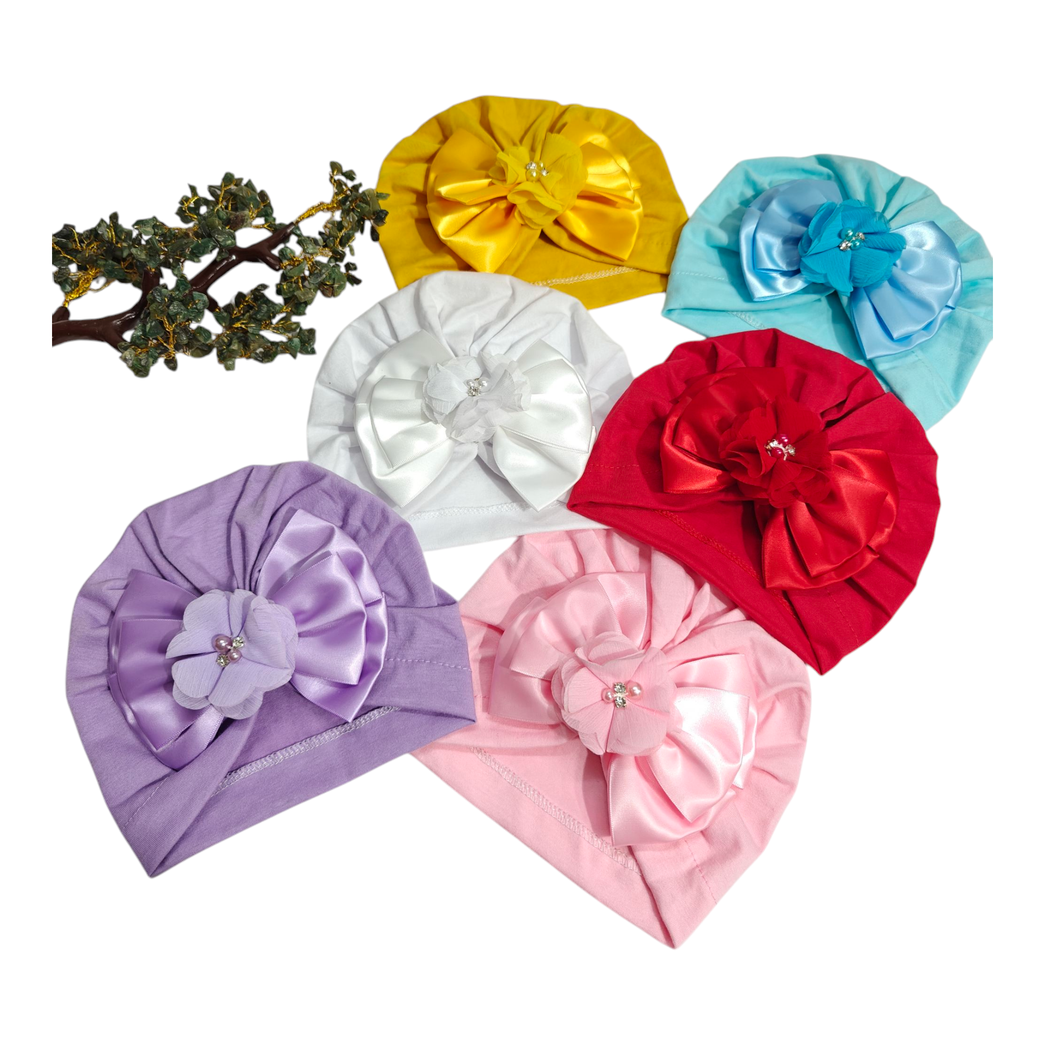 Satin Bow & Beaded Flower Applique Turban Cap