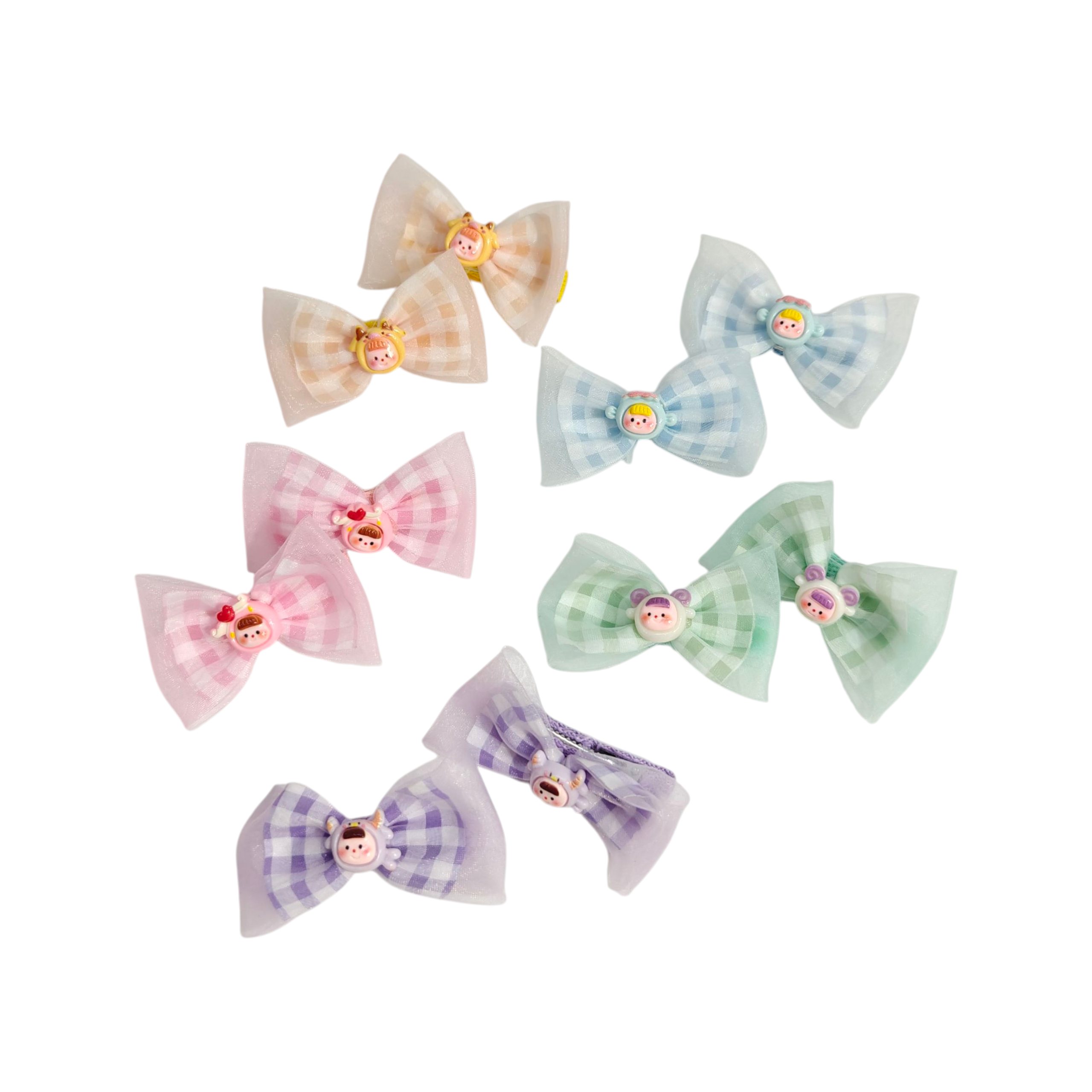 CHECKERED BOW & CARTOON APPLIQUE HAIR PINS