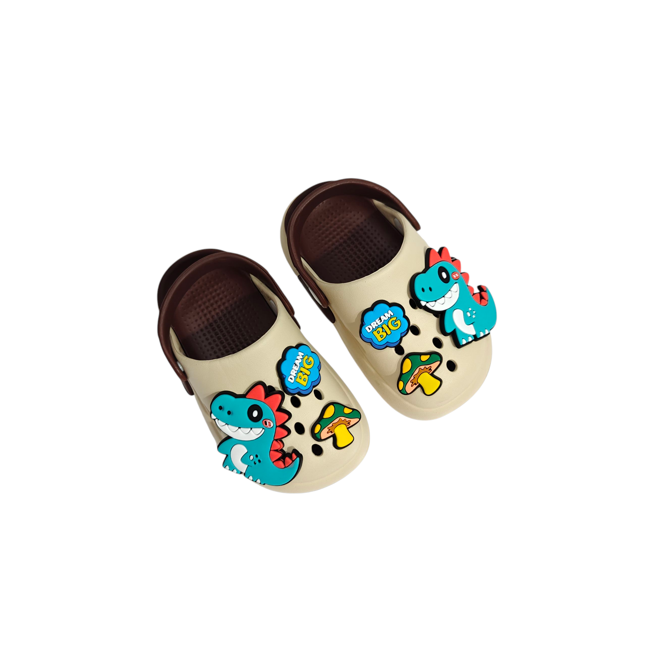 DINO & MUSHROON PATCH AAPLIQUE CLOGS - BROWN