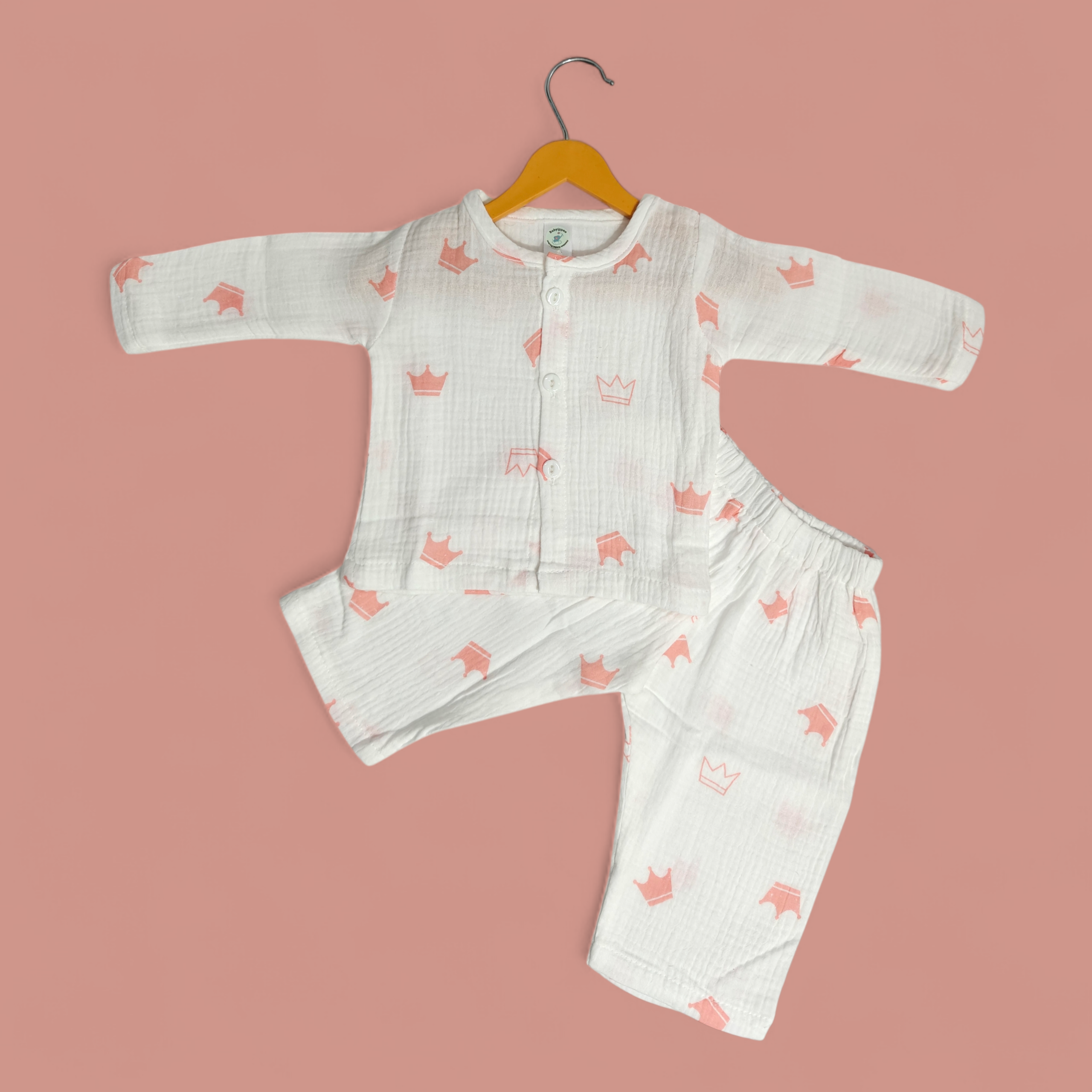 CROWN PRINT BUTTON-UP MUSLIN NIGHTSUIT - WHITE