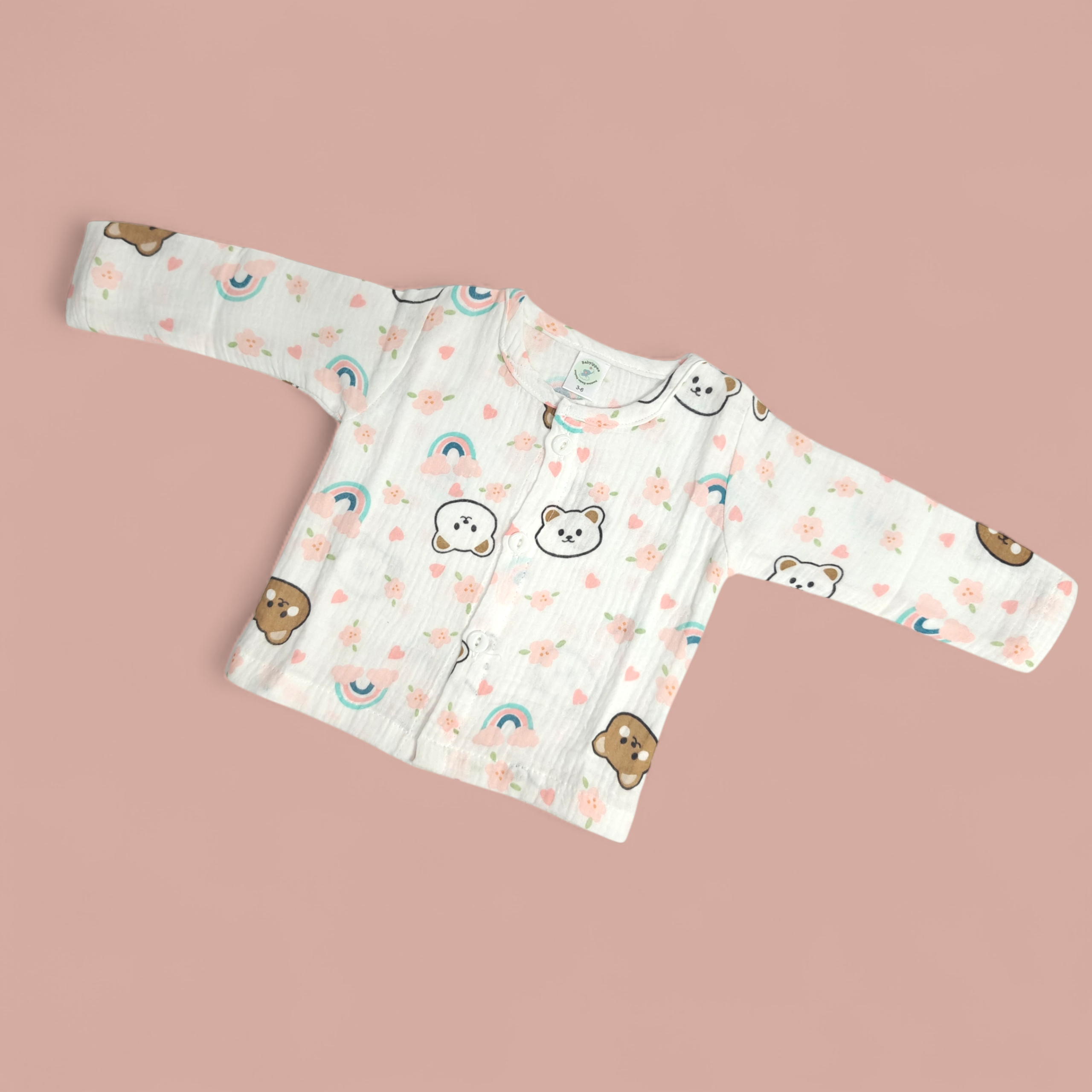 BEAR PRINT BUTTON-UP MUSLIN NIGHTSUIT - WHITE