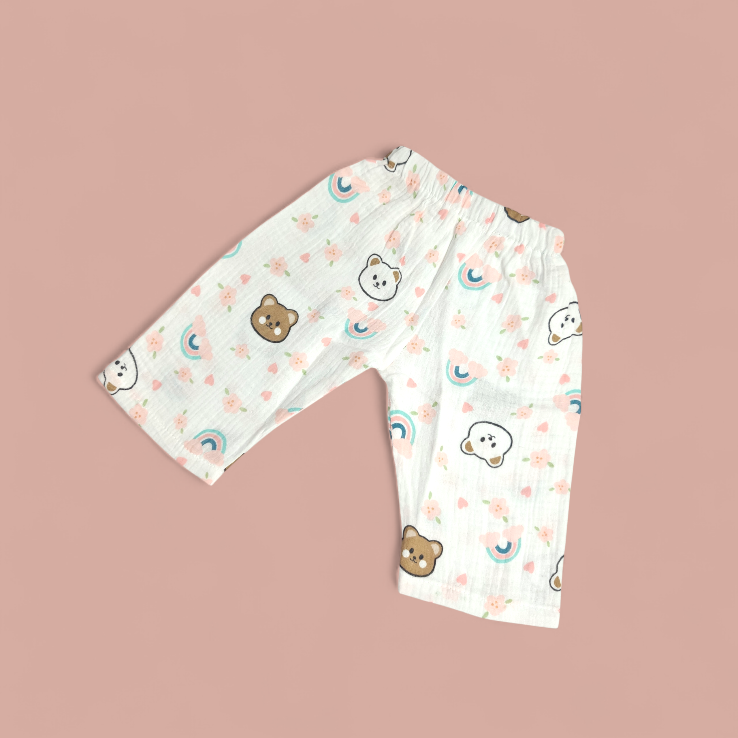 BEAR PRINT BUTTON-UP MUSLIN NIGHTSUIT - WHITE