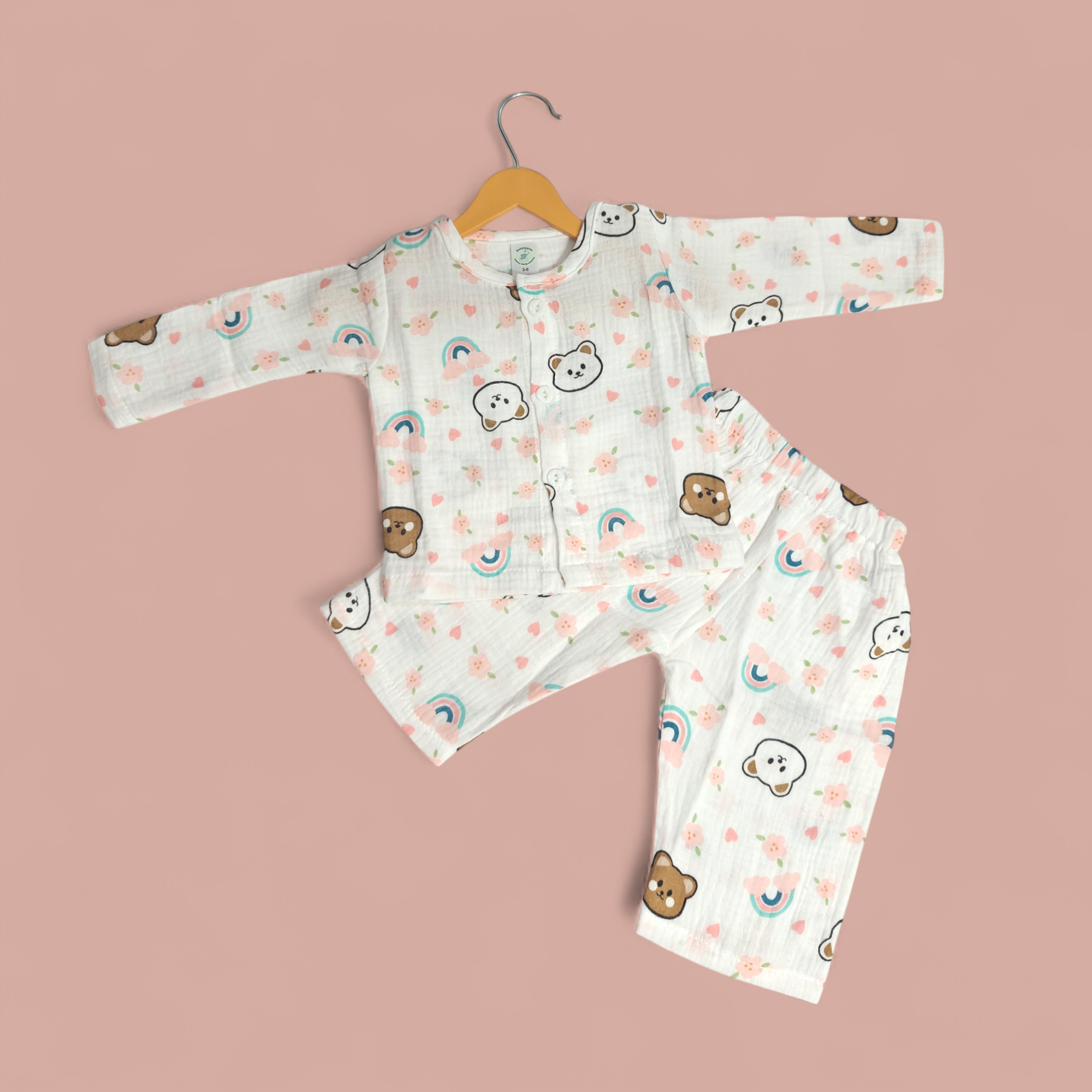 BEAR PRINT BUTTON-UP MUSLIN NIGHTSUIT - WHITE