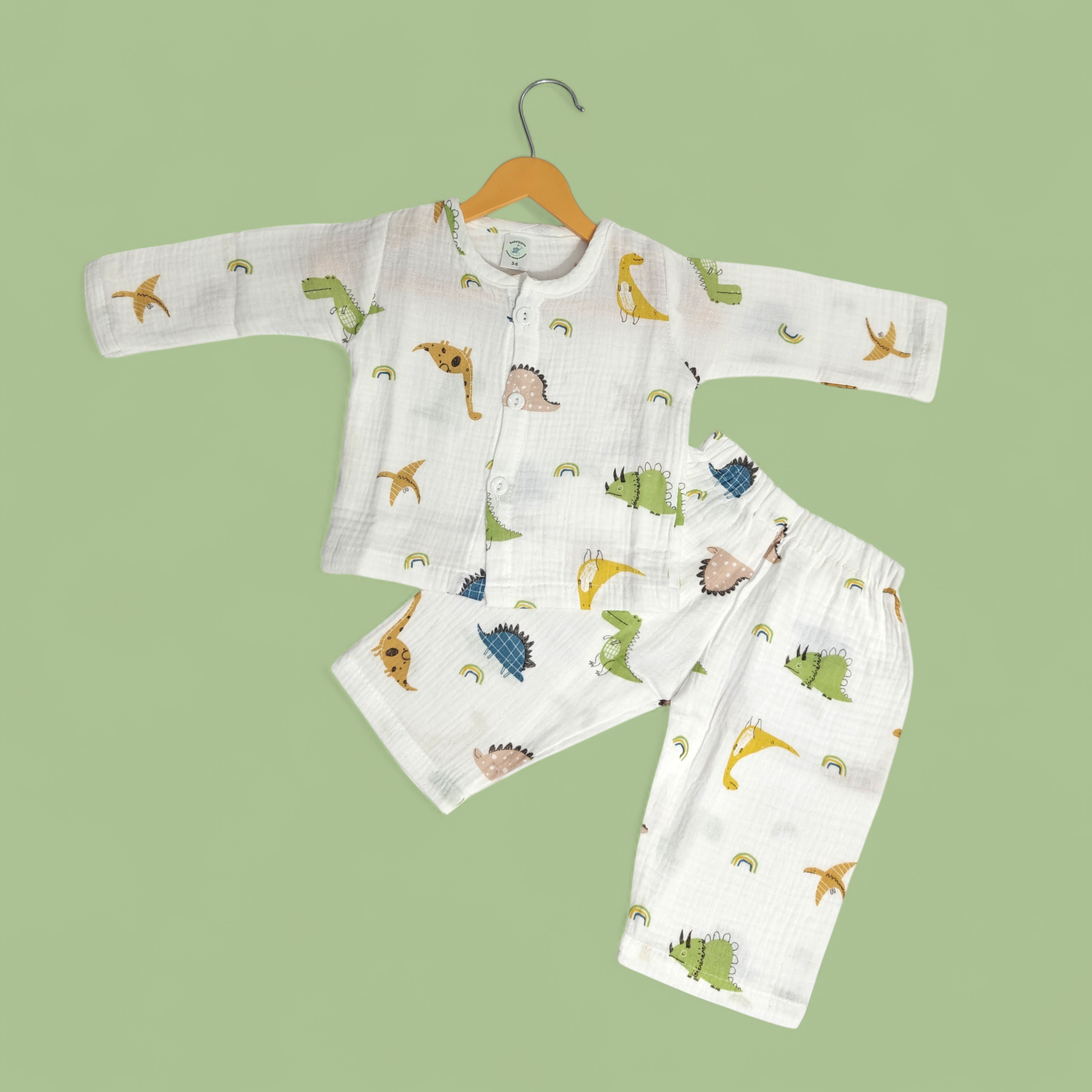 DINO PRINT BUTTON-UP MUSLIN NIGHTSUIT - WHITE